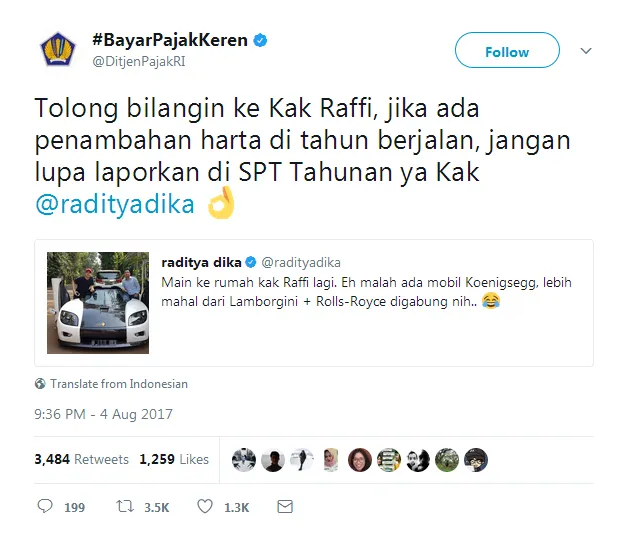 Ditjen Pajak ingatkan Raffi agar laporkan harta tambahan © Twitter/DitjenPajakRI
