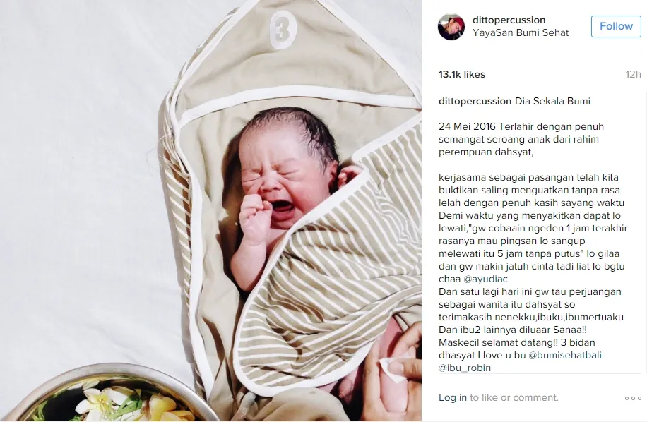 Anak pertama Ayudia Bing Slamet dan Ditto. ©instagram.com/dittopercussion