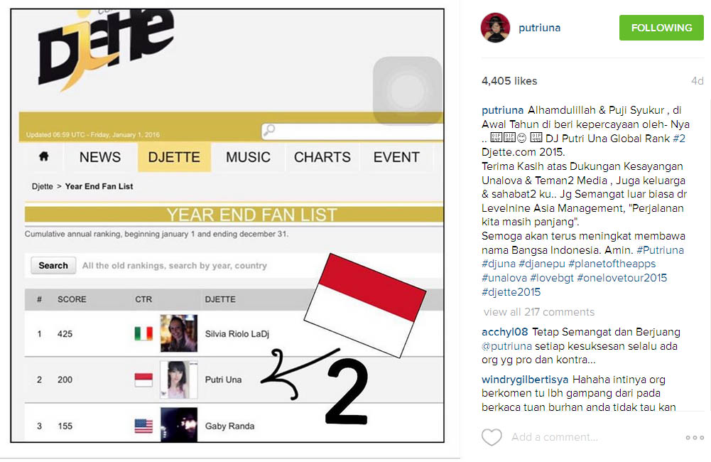 DJ Una berhasil raih posisi dua di kompetisi DJ dunia © Instagram.com/putriuna