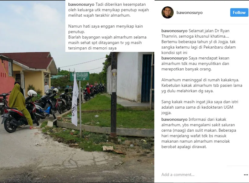 Diungkapkan meninggalnya dokter Ryan Thamrin karena penyakit maag. © Instagram/bawonosuryo