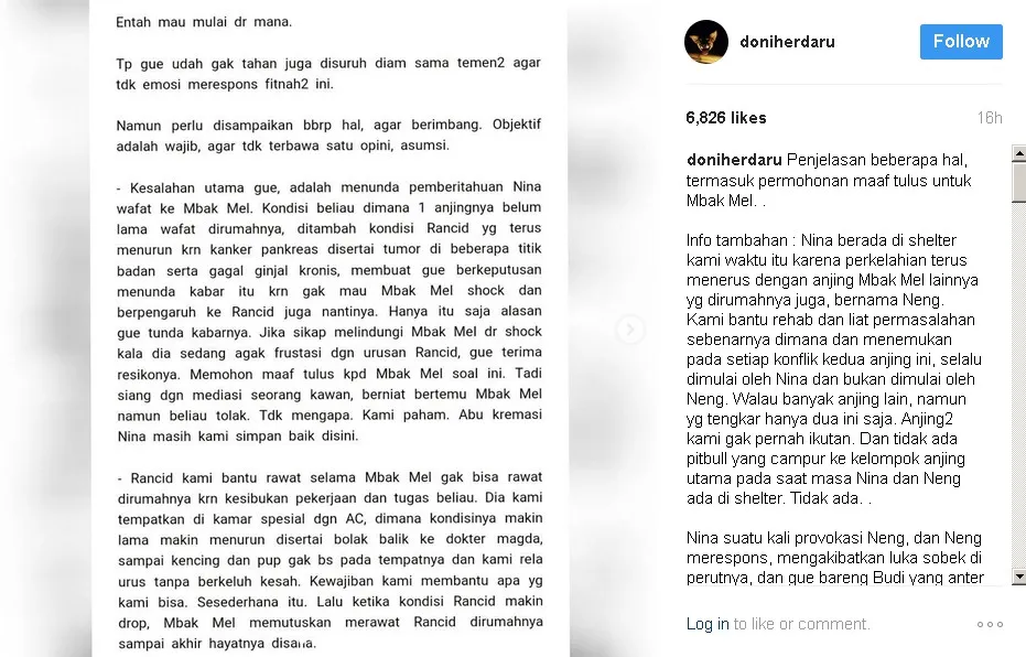 Jawaban Doni atas klaim Melanie © instagram.com/doniherdaru