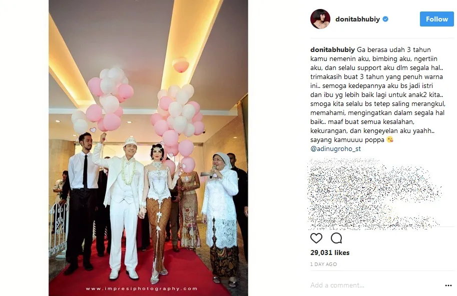 Tiga tahun menikah, Donita tulis kata-kata menyentuh untuk Adi. /©instagram.com/donitabhubiy