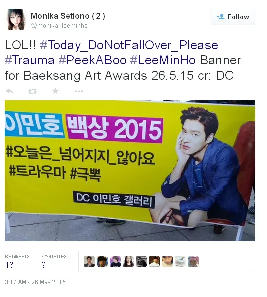 Banner untuk Lee Min Ho, agar dia tak terjatuh lagi di Baeksang awards tahun ini © twitter.com/monika_leeminho