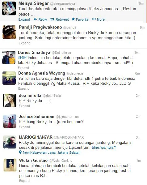 Ucapan duka cita untuk Ricky Jo di twitter.