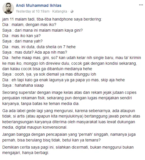 Curhatan seorang penyiar radio tentang Duta / Credit: Facebook - Andi Muhammad Ikhlas