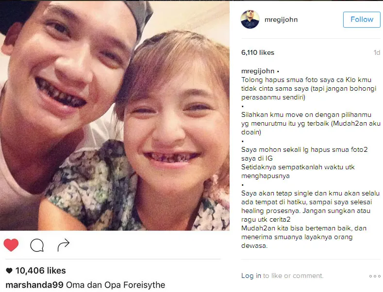 Egi John minta Marshanda hapus fotonya © Instagram.com/mregijohn