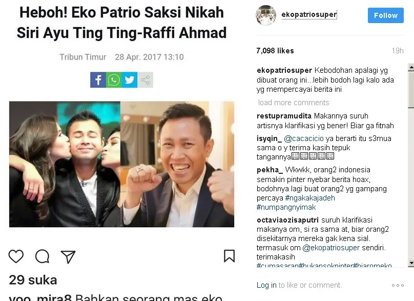 Eko geram akan berita hoax yang menyeret dirinya © instagram.com/ekopatriosuper