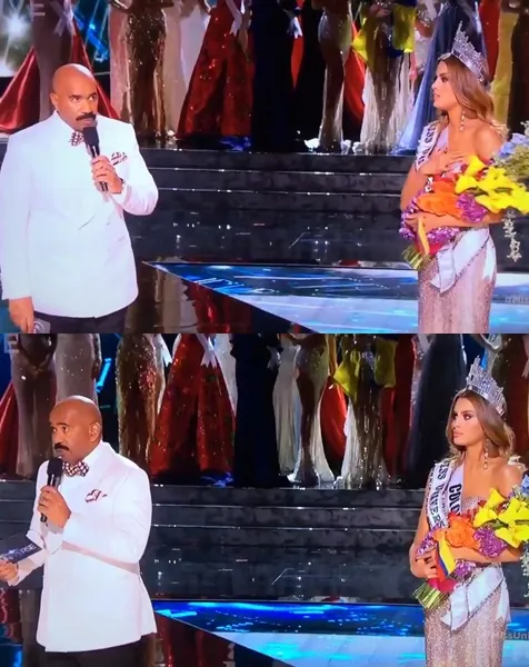 Seperti ini ekspresi Miss Colombo saat MC Steve Harvey meminta maaf dan mengumumkan namanya sebagai Runner Up dan bukan Miss Universe. ©Twitter/@deray