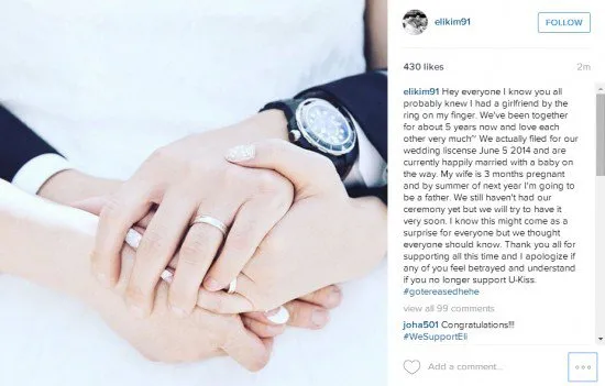 Tulisan Eli U-KISS saat mengumumkan pernikahannya pada Juni 2015 lalu © soompi