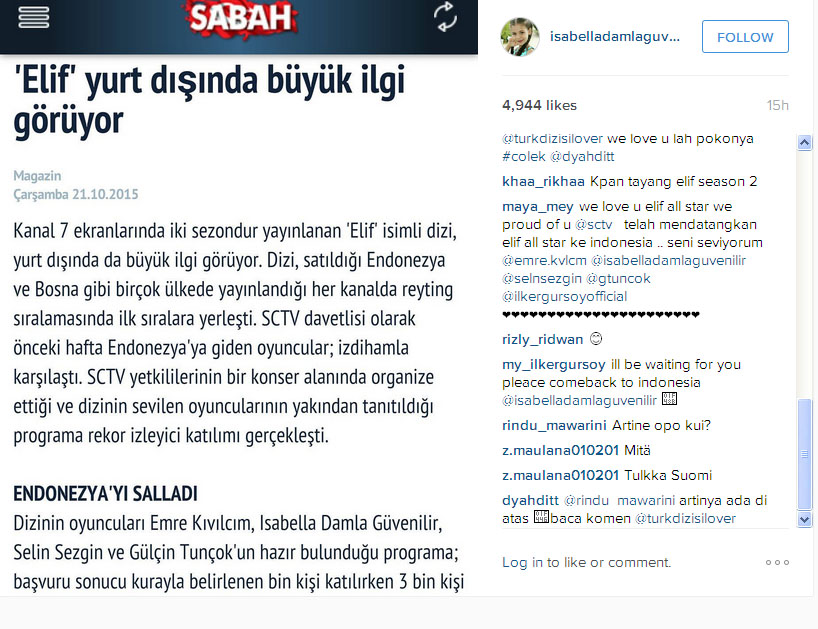 Isabella bangga dengan pencapaian serial 'Elif' © Instagram.com/isabelladamlaguvenilir