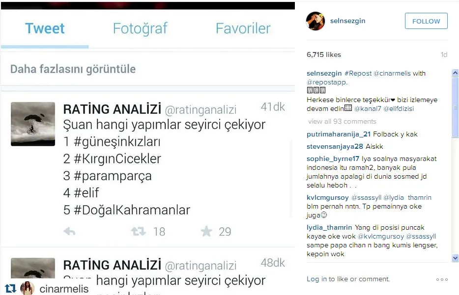 Ini dia rating 'Elif' dan 'Cansu & Hazal' yang saling kejar di Turki © Instagram.com/selnsezgin