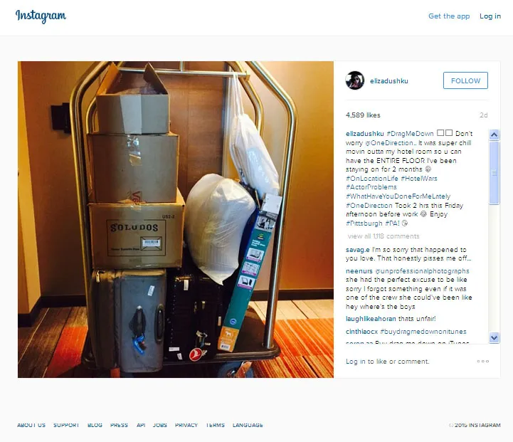 Karena disewa satu lantai oleh One Direction, Eliza Dushku harus rela terusir dari kamarnya ©Instagram.com/elizadushku/