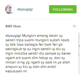 Elly menyesal menikah dengan Ferry? ©instagram/elysugigi