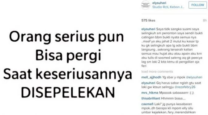 Postingan pertama Elly yang menyebutkan suaminya selingkuh © instagram.com/elysuhari