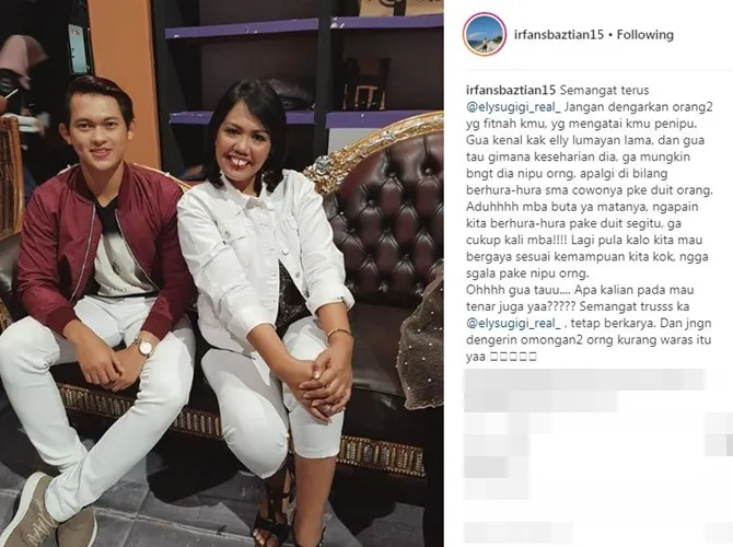 Irfan Sbaztian membela Elly Sugigi. (Credit: Instagram/irfansbaztian15