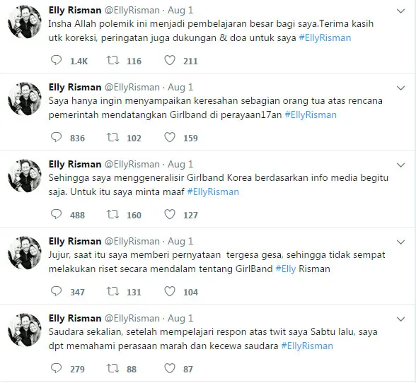 Elly Risman meminta maaf telah menuduh Girls Generation sebagai lambang seks dan pelacuran. © Twitter/@EllyRisman