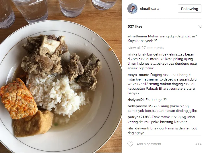 Elma nyobain daging rusa © Instagram/elmatheana