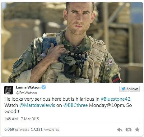 Emma Watson pamer foto Matt Lewis di Twitter © twitter.com/emwatson