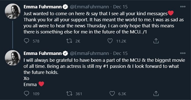 Emma Fuhrmann's tweet as a sign of her departure from the Marvel Cinematic Universe