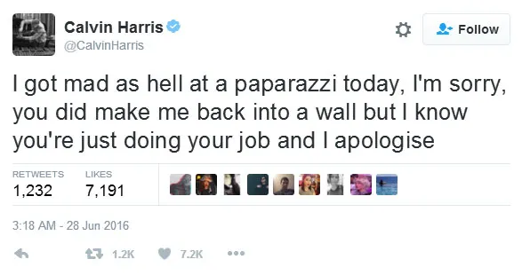 Marah pada paparazzi, Calvin Harris langsung meminta maaf lewat akun Twitter pribadinya © twitter.com/CalvinHarris