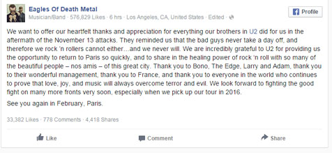 Ucapan rasa terima kasih Eagles Of Death Metal lewat Facebook © Facebook.com