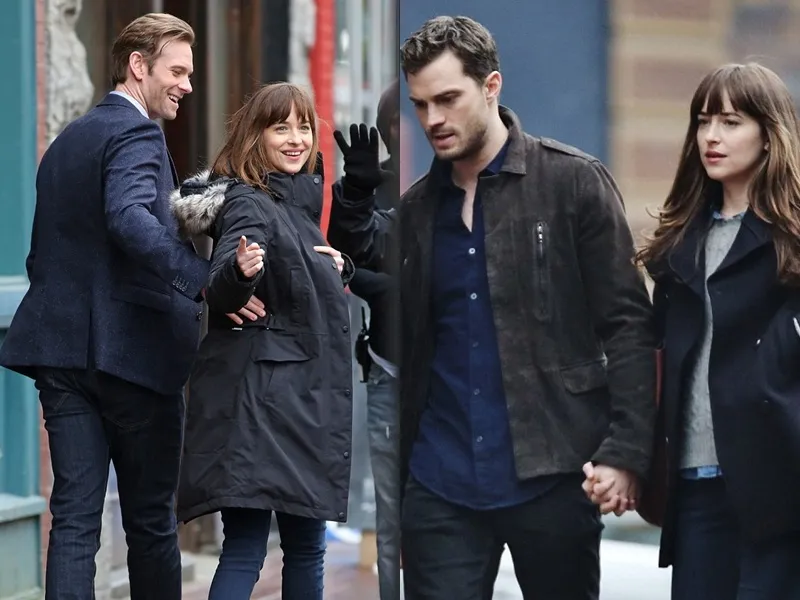 Dakota bersama Eric Johnson (kiri). Kemudian syuting dengan Jamie Dornan © dailymail.co.uk