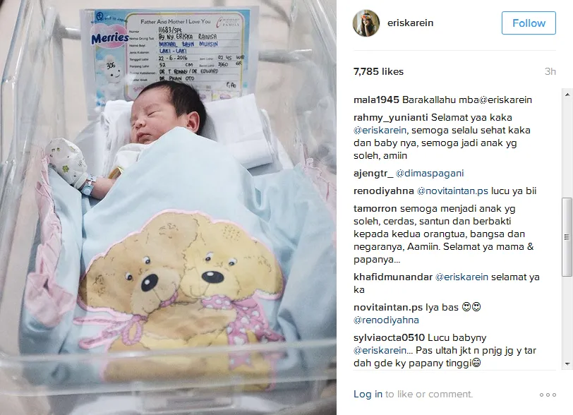 Congrat untuk kelahiran anak pertamanya Eriska! © Instagram/eriskarein