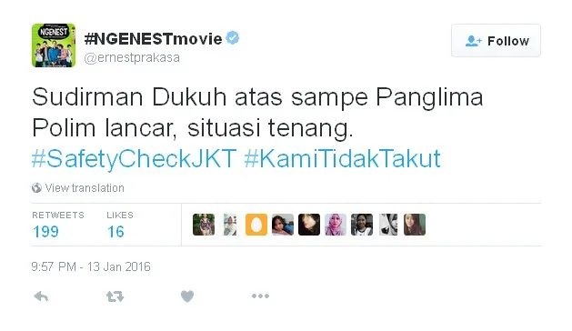 Ernest Tak Takut Dengan Teror Bom © Twitter ernestprakasa