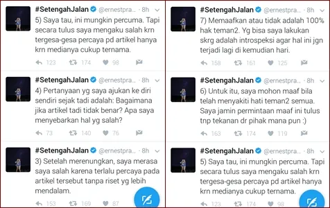 Beberapa cuitan Ernest tentang permintaan maafnya © Twitter/ernestprakasa