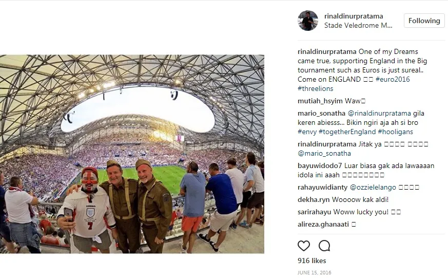 Kakak Raisa dukung Inggris secara langsung di Euro 2016. 姆nstagram.com/rinaldinurpratama