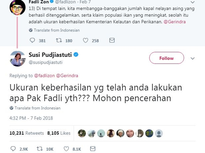 Cuitan antara Fadli Zon dan Menteri Susi. (Courtesy of Twitter)