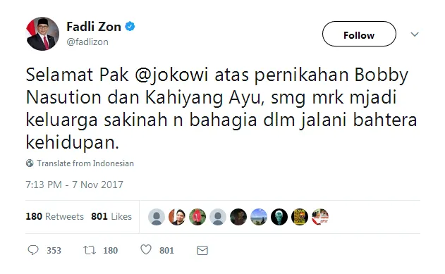 Fadli ucapkan selamat untuk Jokowi © Twitter/fadlizon