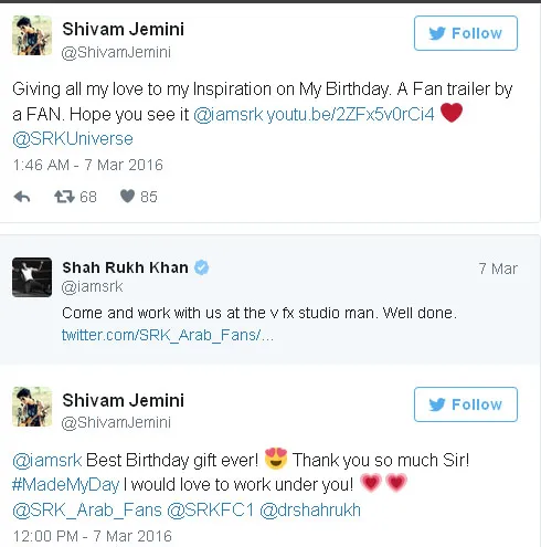 SRK berikan tawaran kerja pada Shivam yang telah memukaunya © Twitter.com/ShivamJemini/iamsrk