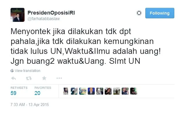 Farhat perbolehkan pelajar nyontek saat UN? @twitter/farhatabbaslaw