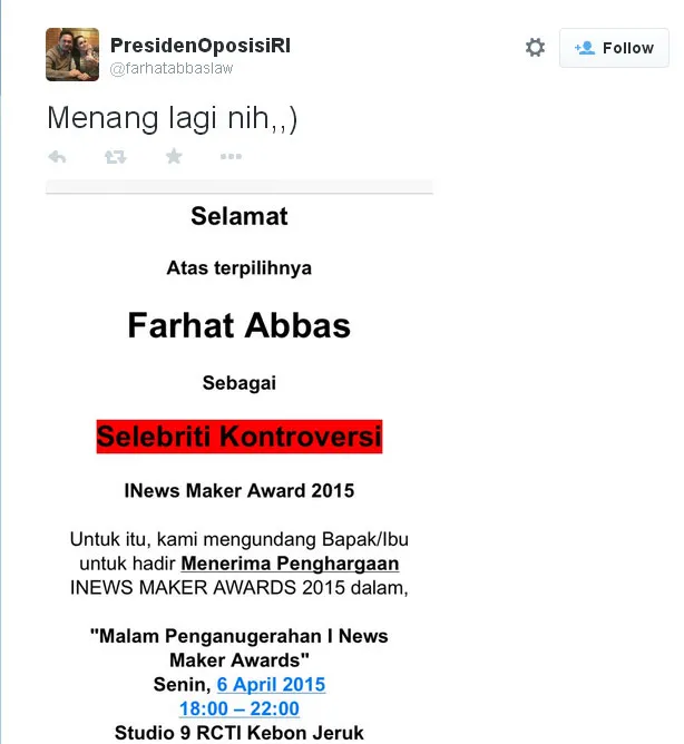 Undangan Farhat Abbas sebagai Seleb Kontroversi dalam INews Maker Awards 2015. ©KapanLagi.com/Farhat Abbas