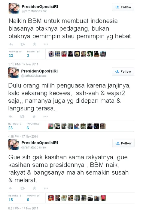 Tweet sindiran yang dituliskan Farhat @ twitter.com/farhatabbaslaw
