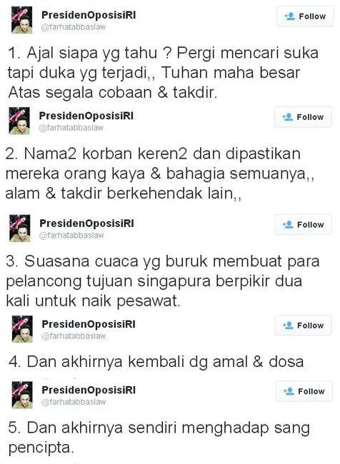Tweet panjang dari Farhat tentang hilangnya pesawat AirAsia @ twitter.com/farhatabbaslaw