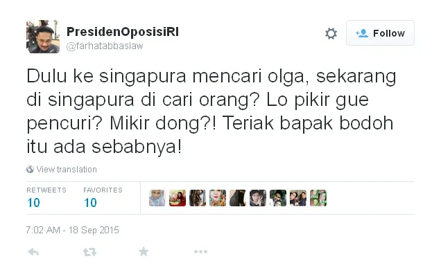 Farhat tak terima disamakan dengan Olga © Twitter/farhatabbaslaw