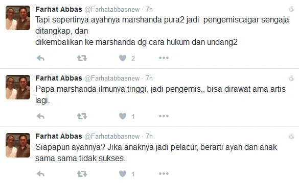 Tweet sindiran Farhat untuk Marshanda © Twitter/farhatabbasnew