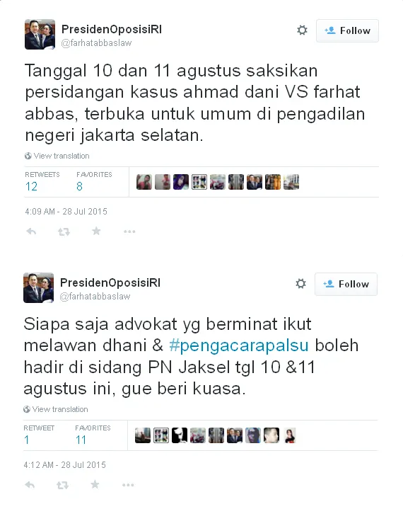 Kicauan Farhat mengenai persidangannya dengan Ahmad Dhani / © Twitter