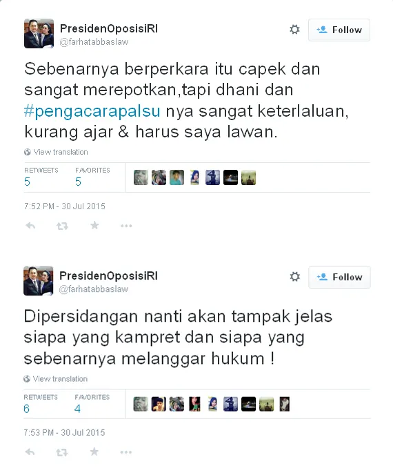 Farhat habis kesabaran dengan Dhani dan pengacaranya / © Twitter