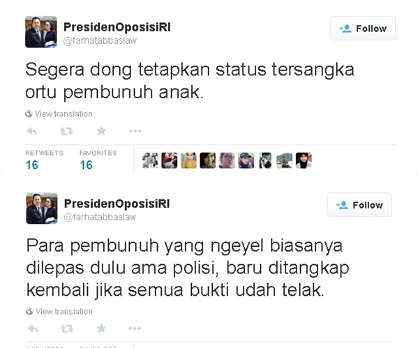 Farhat tunjukkan kepeduliannya pada si cantik Angeline. / Foto: Farhat Abbas Official Twitter