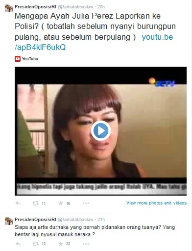Tweet-tweet Farhat Abbas tentang artis yang katanya akan segera menyusul masuk neraka © twitter.com/farhatabbaslaw