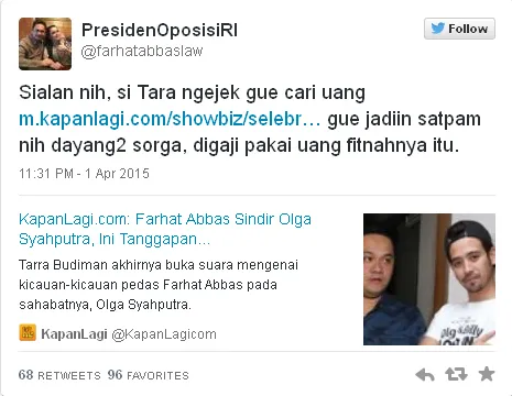 Tweet Farhat mengenai Tarra / © Twitter