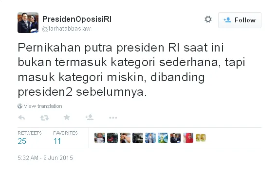 Tulisan Farhat mengenai pernikahan putra Jokowi / © Twitter