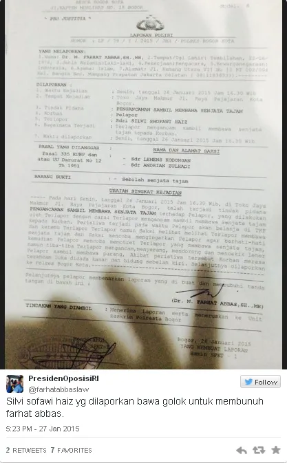 Bukti surat laporan polisi Farhat pada Silvi / © Twitter