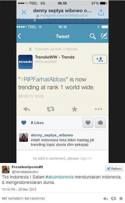 Tweet Farhat mengenai hashtag #RIPFarhatAbbas / © Twitter
