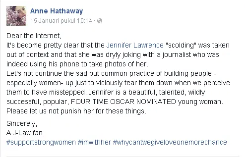 Anne Hathaway pasang badan buat JLaw/©facebook.com/AnneHathaway