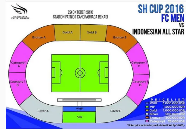 Price list dan seat plan pertandingan SH Cup 2016 FC Men Vs Indonesian All Star. ©Instagram/sh_entindonesia