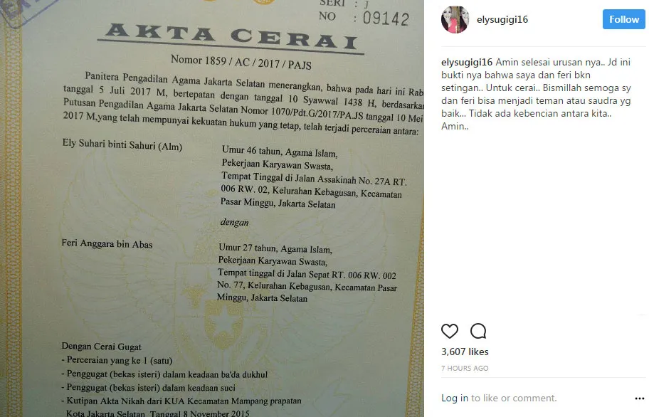 Elly Sugigi posting akta cerainya dari Ferry Anggara. © Instagram/elysugigi16